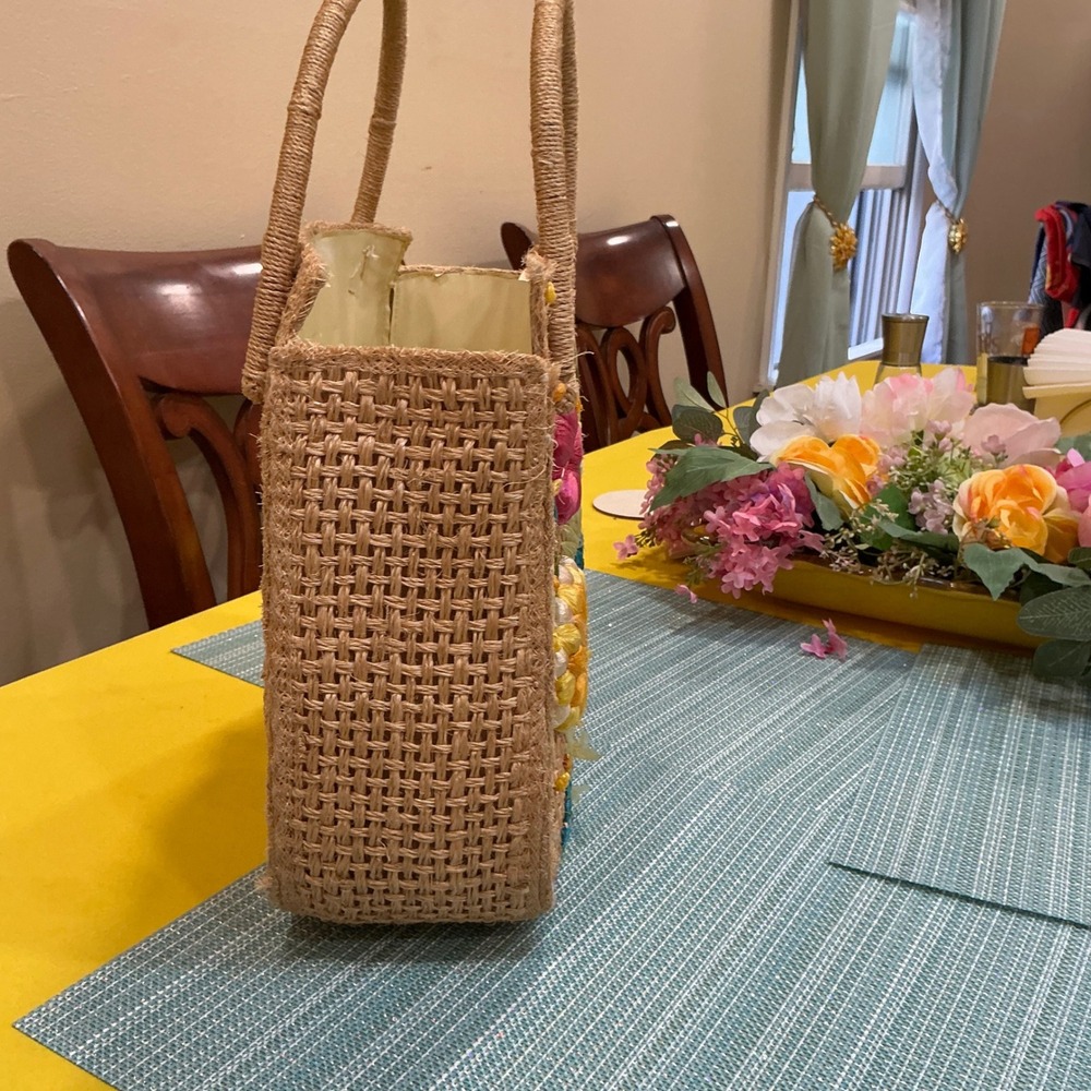 Cabana Tote Bag Vintage OS Tan Woven Straw Floral Embroidered Basket Bag - Picture 4 of 11